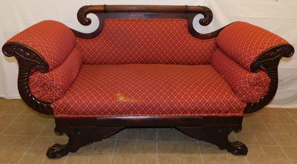 Mahogany Carved Federal Love Seat: Mahogany Carved Federal Love Seat. 65 1/2" W 26 1/2" D 36 1/2" H ALL DESCRIPTIONS AND ANY CONDITION STATEMENT GIVEN BY LANGSTON AUCTION GALLERY ARE STRICTLY OPINIONS AND LANGSTON'S SHALL HAVE NO RESPO