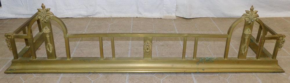 Brass Fire Place Fender: Brass Fire Place Fender. 53" W 14" D 13" H ALL DESCRIPTIONS AND ANY CONDITION STATEMENT GIVEN BY LANGSTON AUCTION GALLERY ARE STRICTLY OPINIONS AND LANGSTON'S SHALL HAVE NO RESPONSIBILITY FOR ERRORS O