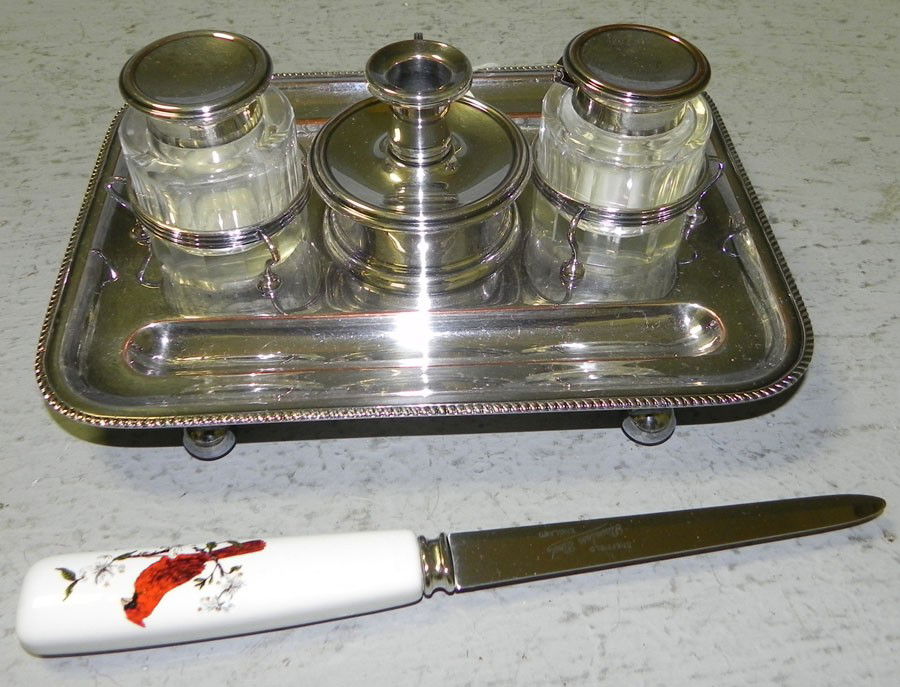 (5) piece silver on copper inkwell.: (5) piece silver on copper inkwell. From the Edna Boykin collection.