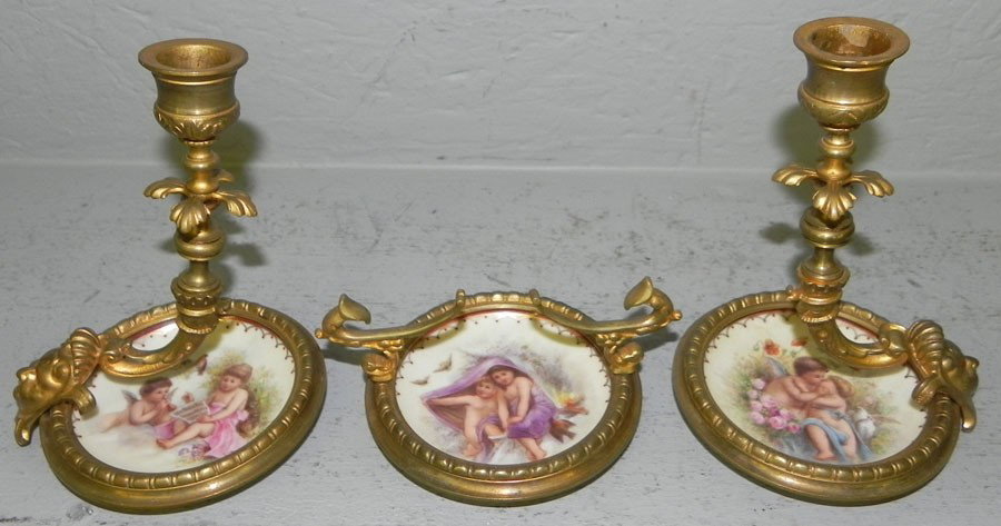 (3) portrait small dishes framed in Dore' bronze.: Set of (3) portrait small dishes framed in Dore' bronze.