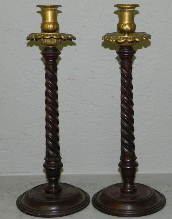 Pr early Fed. rope turned wooden & brass c/sticks.: Pair of early Federal rope turned wooden and brass candlesticks. 14" tall