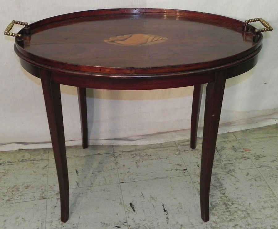 Mahog. gallery tray on later stand w/ shell inlay.: Mahogany gallery tray on later stand with shell inlay. 27" wide x 17" deep x 20" tall.