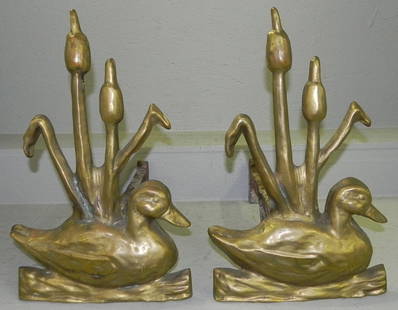Pair of solid brass duck andirons. Very heavy.: Pair of solid brass duck andirons. Very heavy.