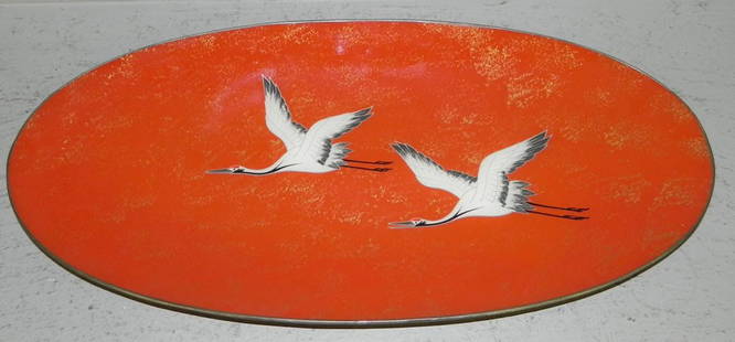 Oval lacquer on metal decorative platter.: Oval lacquer on metal decorative platter.