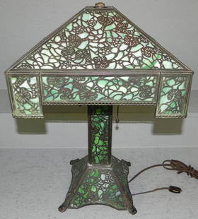 Slag glass lamp attributed to Handel: Slag glass lamp attributed to Handel with acorn pulls. 20 1/2" tall.