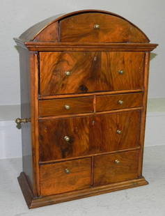 Burl walnut miniature seven drawer chest.: Burl walnut miniature seven drawer chest. 15 1/4" wide x 7 1/2" deep x 21 1/2" tall.