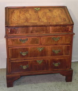18th century burl walnut slant front desk: 18th century burl walnut slant front desk with deep well from the Queen Anne period. 30 1/4 wide x 18 1/2" deep x 36 1/4" tall.