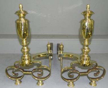 Pair of polished brass andirons.: Pair of polished brass andirons.