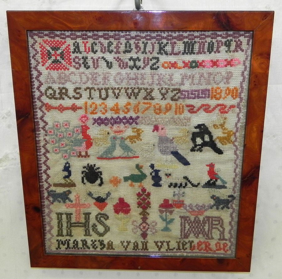 Needlework sampler signed Marisa Van Vlickery: Needlework sampler signed Marisa Van Vlickery 1890. 11" x 12".