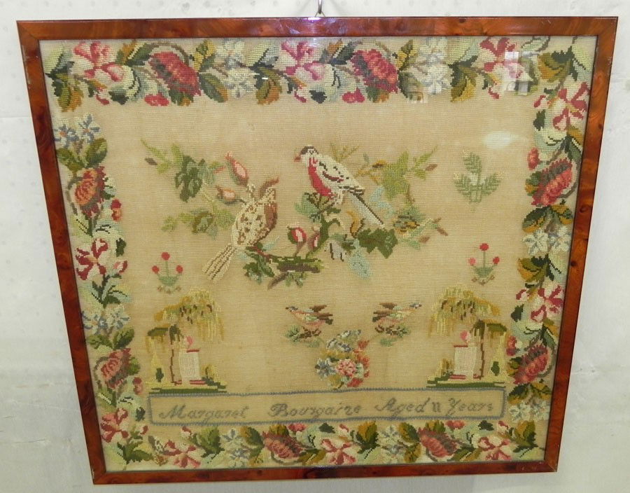 Needlework sampler. Signed: Needlework sampler from the Warrenton estate. Signed Margaret Bougaize aged 11 years." 26" x 24".