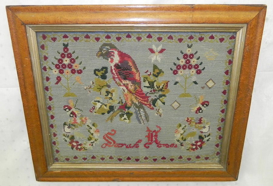 Needlework sampler with bird signed: Needlework sampler with bird signed "Sarah Jones" , 20" x 16". Believed to be sister to Mary Jones.