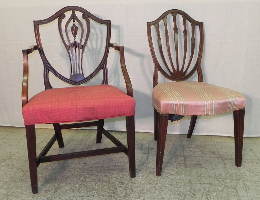 (2) antique Hepplewhite mahogany chairs: (1) antique Hepplewhite mahogany side chair and (1) antique mahogany Hepplewhite arm chair.