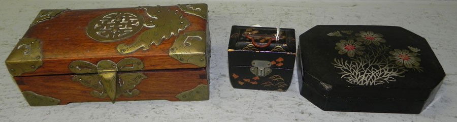 (2) lacquered boxes & brass bound Oriental box.: (2) lacquered boxes and a brass bound Oriental box.