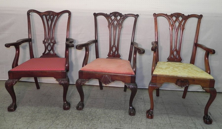 (3) mahogany Robert Morris style arm chairs.: (3) mahogany Robert Morris style arm chairs.