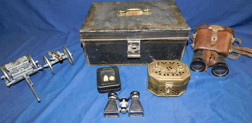 Tole Metal Box - Opera Glasses - Binoculars - Toy Cannon - Civil War Bullets: Tole Metal Box - Opera Glasses - Binoculars - Toy Cannon - Civil War Bullets. "ALL DESCRIPTIONS AND ANY CONDITION STATEMENT GIVEN BY LANGSTON AUCTION GALLERY ARE STRICTLY OPINIONS AND LANGSTON'S SHALL
