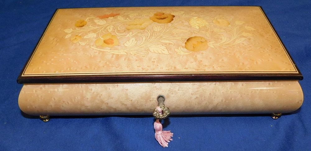 Italian Birds Eye Maple Inlay Music Jewelry Box: Italian Birds Eye Maple Inlay Music Jewelry Box. "ALL DESCRIPTIONS AND ANY CONDITION STATEMENT GIVEN BY LANGSTON AUCTION GALLERY ARE STRICTLY OPINIONS AND LANGSTON'S SHALL HAVE NO RESPONSIBILITY FOR E