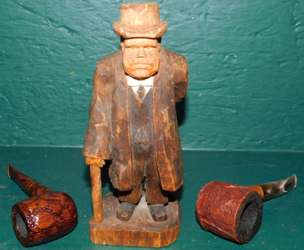 Wood Carved Figure On Man & Two Smoking Pipes (1 of 3)