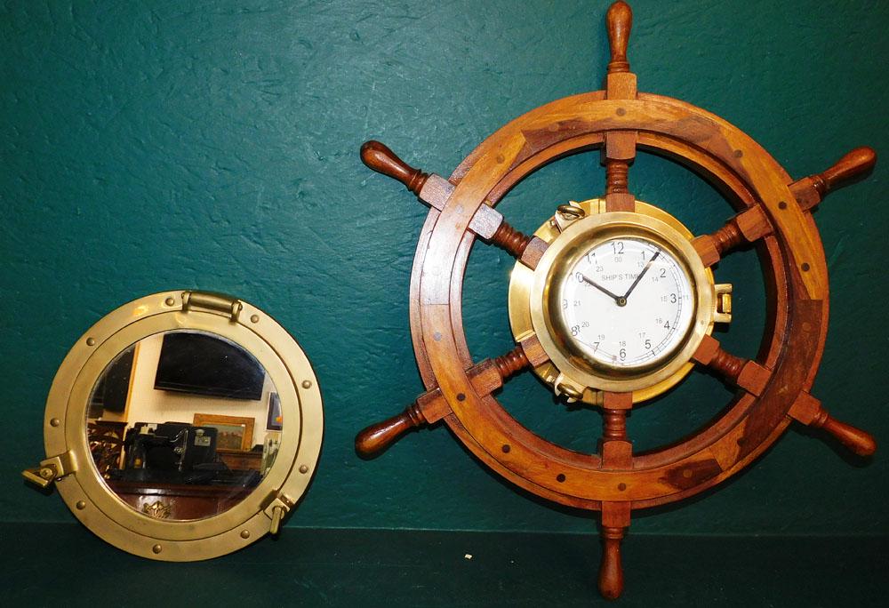 Brass & Wood Ships Wheel Clock & Brass Port Hole Mirror (1 of 4)