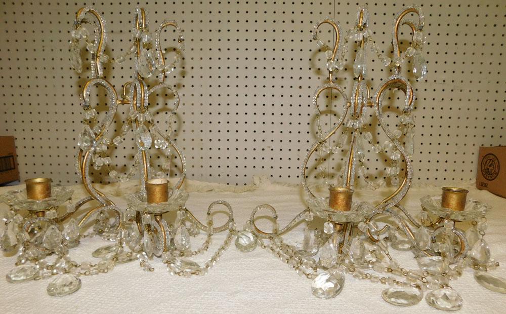 Pair Gilt Metal & Beaded Glass 2 Light Candle Sconces (1 of 5)