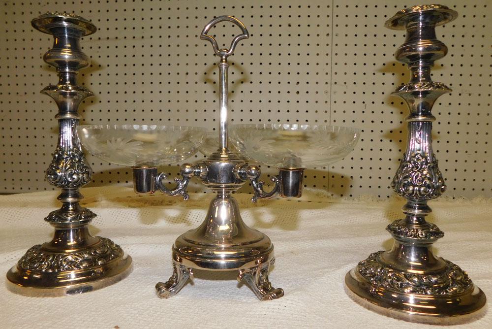 Pair Candlesticks & Glass Three Tier Epergne: Pair Candlesticks & Glass Three Tier Epergne . 11 3/4" H "ALL DESCRIPTIONS AND ANY CONDITION STATEMENT GIVEN BY LANGSTON AUCTION GALLERY ARE STRICTLY OPINIONS AND LANGSTON'S SHALL HAVE NO RESPONSIBILI