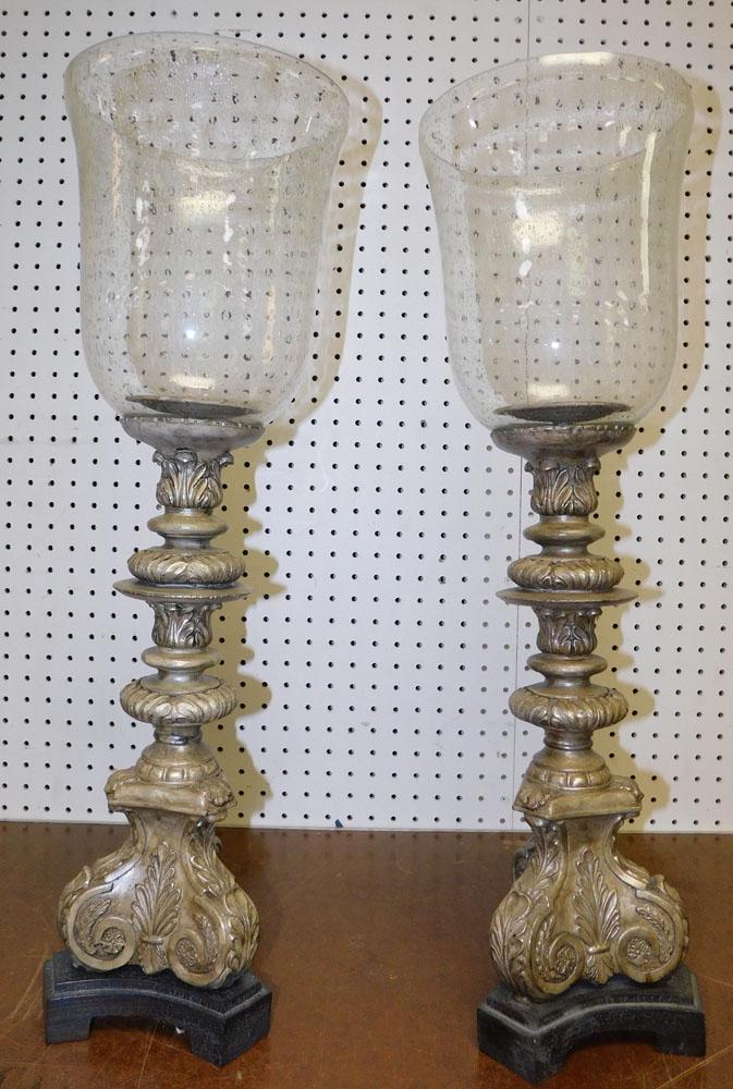 Pair Candle Holders W/ Glass Shades: Pair Candle Holders W/ Glass Shades. 27 1/4" H "ALL DESCRIPTIONS AND ANY CONDITION STATEMENT GIVEN BY LANGSTON AUCTION GALLERY ARE STRICTLY OPINIONS AND LANGSTON'S SHALL HAVE NO RESPONSIBILITY FOR ERR