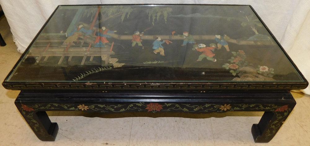 Black Lacquered Paint Decorated Coffee Table W/ Glass Top (1 of 3)