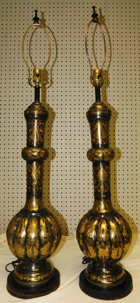 Pair Gilt Etched Brass Lamps: Pair Gilt Etched Brass Lamps. 41" H "ALL DESCRIPTIONS AND ANY CONDITION STATEMENT GIVEN BY LANGSTON AUCTION GALLERY ARE STRICTLY OPINIONS AND LANGSTON'S SHALL HAVE NO RESPONSIBILITY FOR ERRORS OR OMIS