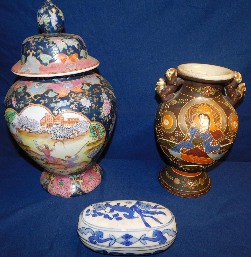 Oriental Covered Urn W/ Restored Finial - Porcelain Box- Satsuma Vase (1 of 6)
