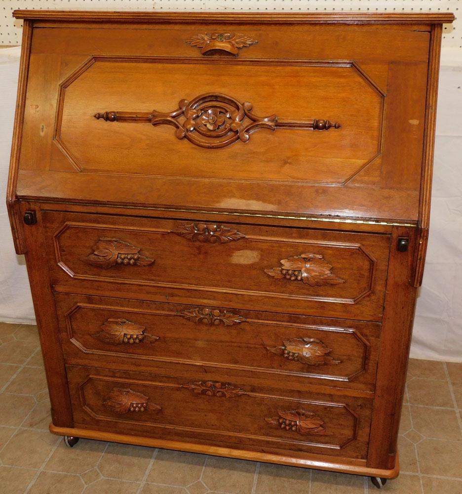 Victorian Walnut Carved Slant Front Desk (1 of 6)