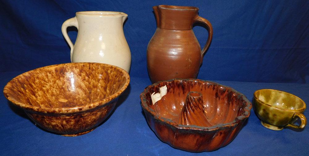 Two Pottery Pitchers - Redware Cake Mold - Bennington Bowl- Pottery Funnel (1 of 5)