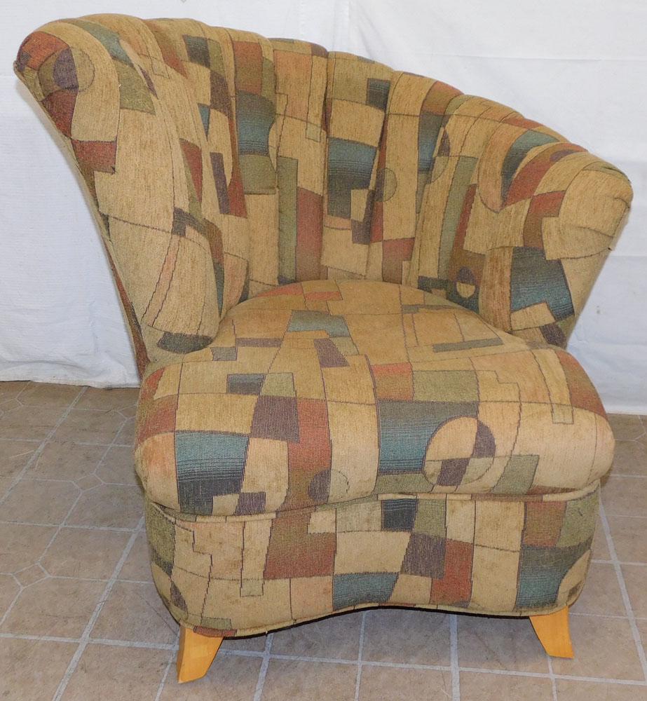 Upholstered Fan Back Arm Chair: Upholstered Fan Back Arm Chair. 37" H "ALL DESCRIPTIONS AND ANY CONDITION STATEMENT GIVEN BY LANGSTON AUCTION GALLERY ARE STRICTLY OPINIONS AND LANGSTON'S SHALL HAVE NO RESPONSIBILITY FOR ERRORS OR OM