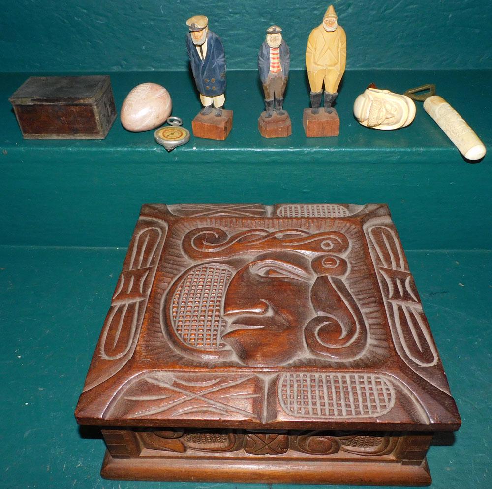 Vintage Wood Carved Box - Mersham Pipe - Wood Figures - Metal Box - Costume Jewelry: Vintage Wood Carved Box - Mersham Pipe - Wood Figures - Metal Box - Costume Jewelry. "ALL DESCRIPTIONS AND ANY CONDITION STATEMENT GIVEN BY LANGSTON AUCTION GALLERY ARE STRICTLY OPINIONS AND LANGSTON'