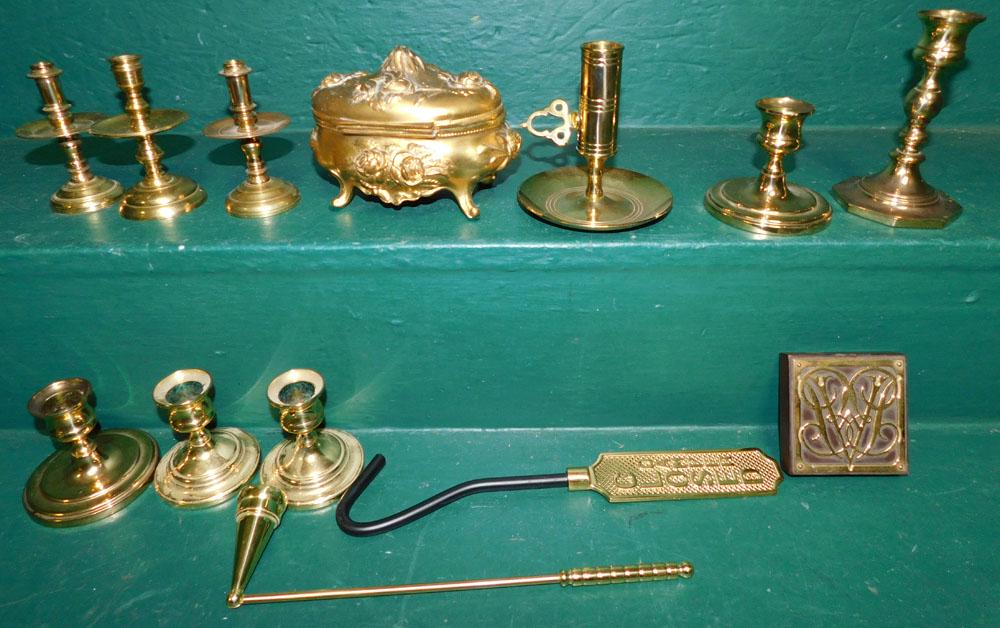 Lot Brass Candlesticks  & Dresser Box (1 of 2)