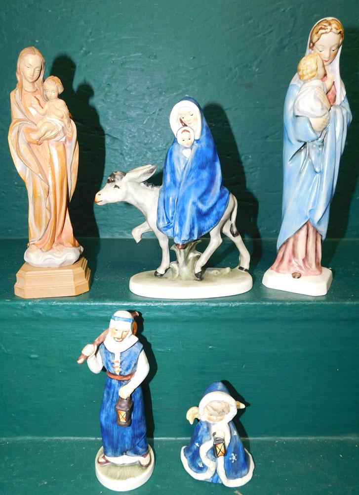 Lot Porcelain Goebel Figures - Wood Carved Figure: Lot Porcelain Goebel Figures - Wood Carved Figure. "ALL DESCRIPTIONS AND ANY CONDITION STATEMENT GIVEN BY LANGSTON AUCTION GALLERY ARE STRICTLY OPINIONS AND LANGSTON'S SHALL HAVE NO RESPONSIBILITY FOR