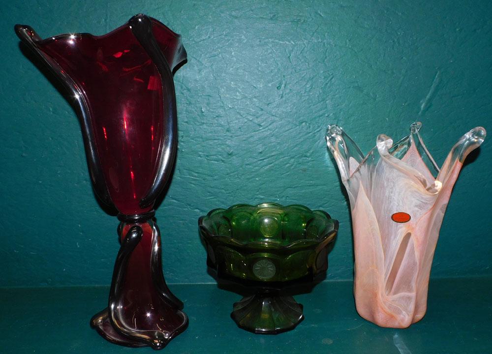 Two Art Glass Vases & Compote, 1 Labeled Murano (1 of 4)