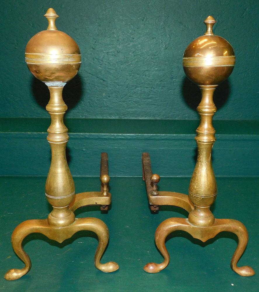 Pair Brass Andirons: Pair Brass Andirons. 18" H "ALL DESCRIPTIONS AND ANY CONDITION STATEMENT GIVEN BY LANGSTON AUCTION GALLERY ARE STRICTLY OPINIONS AND LANGSTON'S SHALL HAVE NO RESPONSIBILITY FOR ERRORS OR OMISSIONS. TH