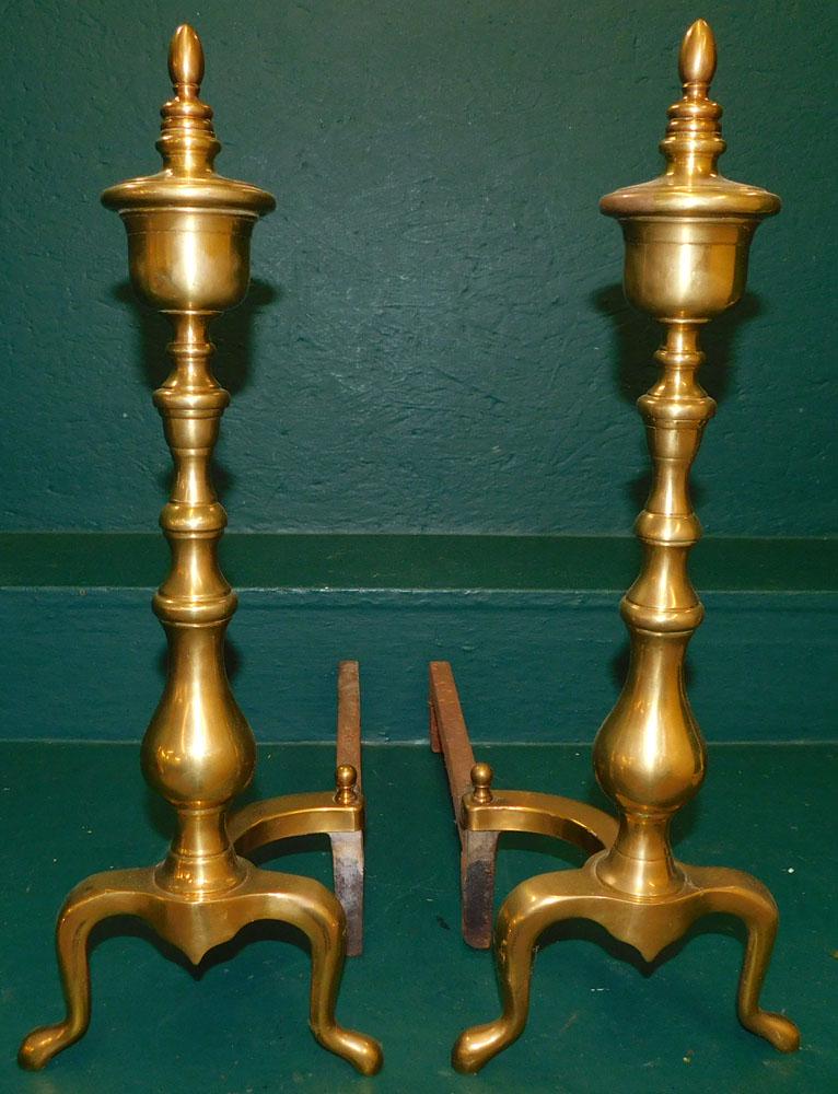 Pair Brass Andirons: Pair Brass Andirons. 21" H "ALL DESCRIPTIONS AND ANY CONDITION STATEMENT GIVEN BY LANGSTON AUCTION GALLERY ARE STRICTLY OPINIONS AND LANGSTON'S SHALL HAVE NO RESPONSIBILITY FOR ERRORS OR OMISSIONS. TH
