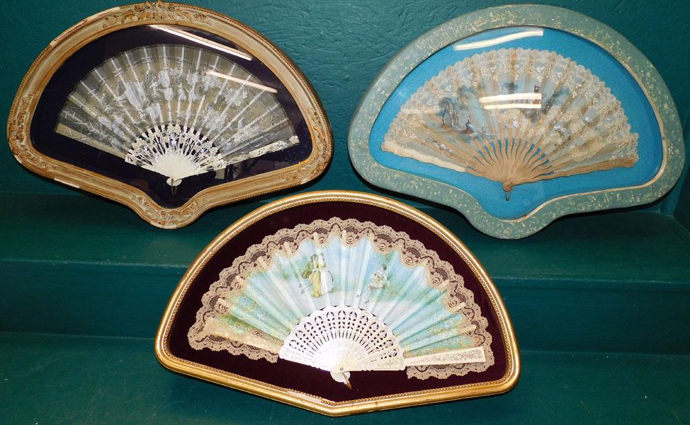 Three Framed Hand Paint Decorated Fans: Three Framed Hand Paint Decorated Fans. 22 1/4" x 15" "ALL DESCRIPTIONS AND ANY CONDITION STATEMENT GIVEN BY LANGSTON AUCTION GALLERY ARE STRICTLY OPINIONS AND LANGSTON'S SHALL HAVE NO RESPONSIBILITY