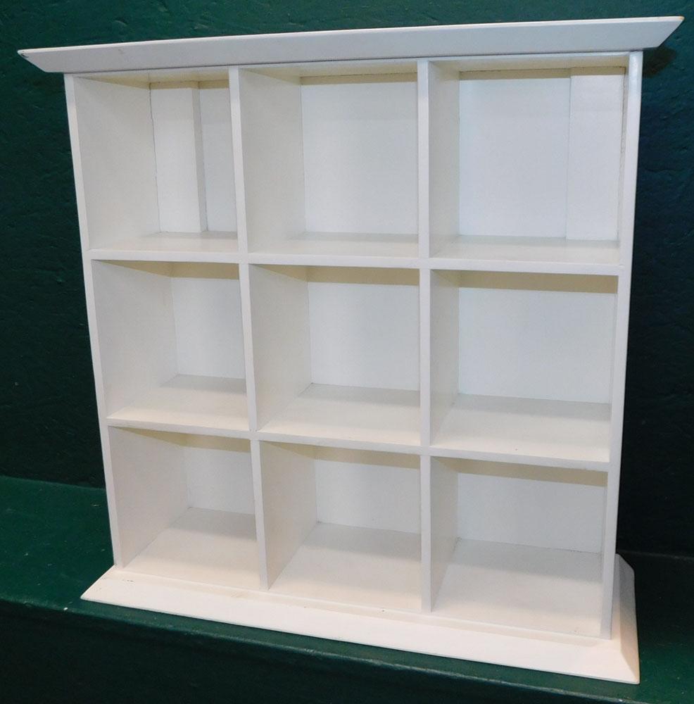 Painted Cubic Wall Shelf: Painted Cubic Wall Shelf. 20" W 7" D 19 1/2" H "ALL DESCRIPTIONS AND ANY CONDITION STATEMENT GIVEN BY LANGSTON AUCTION GALLERY ARE STRICTLY OPINIONS AND LANGSTON'S SHALL HAVE NO RESPONSIBILITY FOR ERR