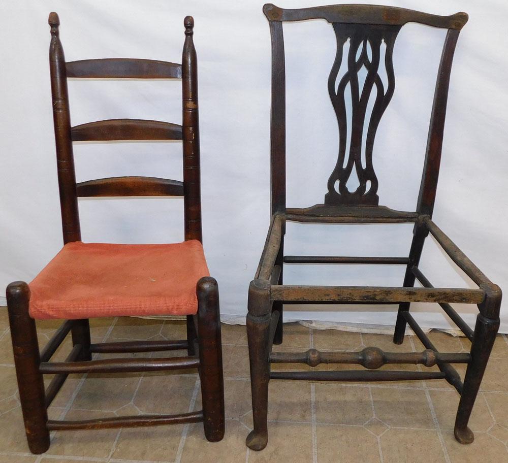 Antique Side Chair Frame & Ladder Back Chair: Antique Side Chair Frame & Ladder Back Chair. 37 1/4" H "ALL DESCRIPTIONS AND ANY CONDITION STATEMENT GIVEN BY LANGSTON AUCTION GALLERY ARE STRICTLY OPINIONS AND LANGSTON'S SHALL HAVE NO RESPONSIBILIT