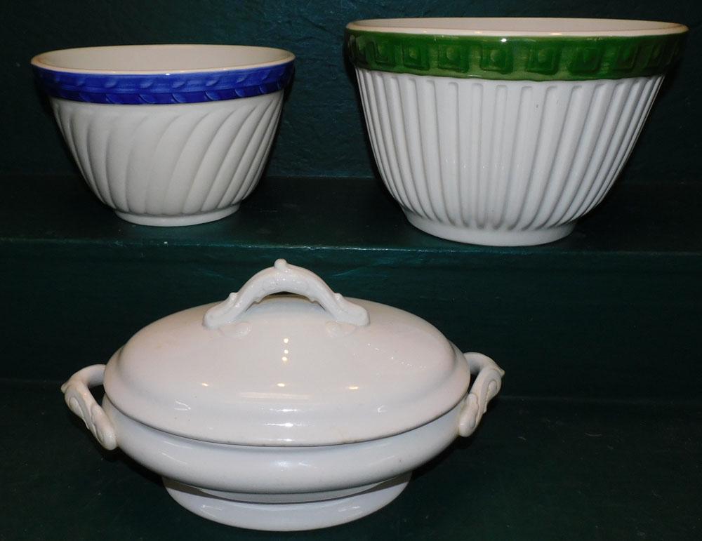 Two Italian Mixing Bowls & Ironstone Covered Casserole: Two Italian Mixing Bowls & Ironstone Covered Casserole. Up to 11 1/4" Dia. 7 1/2" H "ALL DESCRIPTIONS AND ANY CONDITION STATEMENT GIVEN BY LANGSTON AUCTION GALLERY ARE STRICTLY OPINIONS AND LANGSTON'S