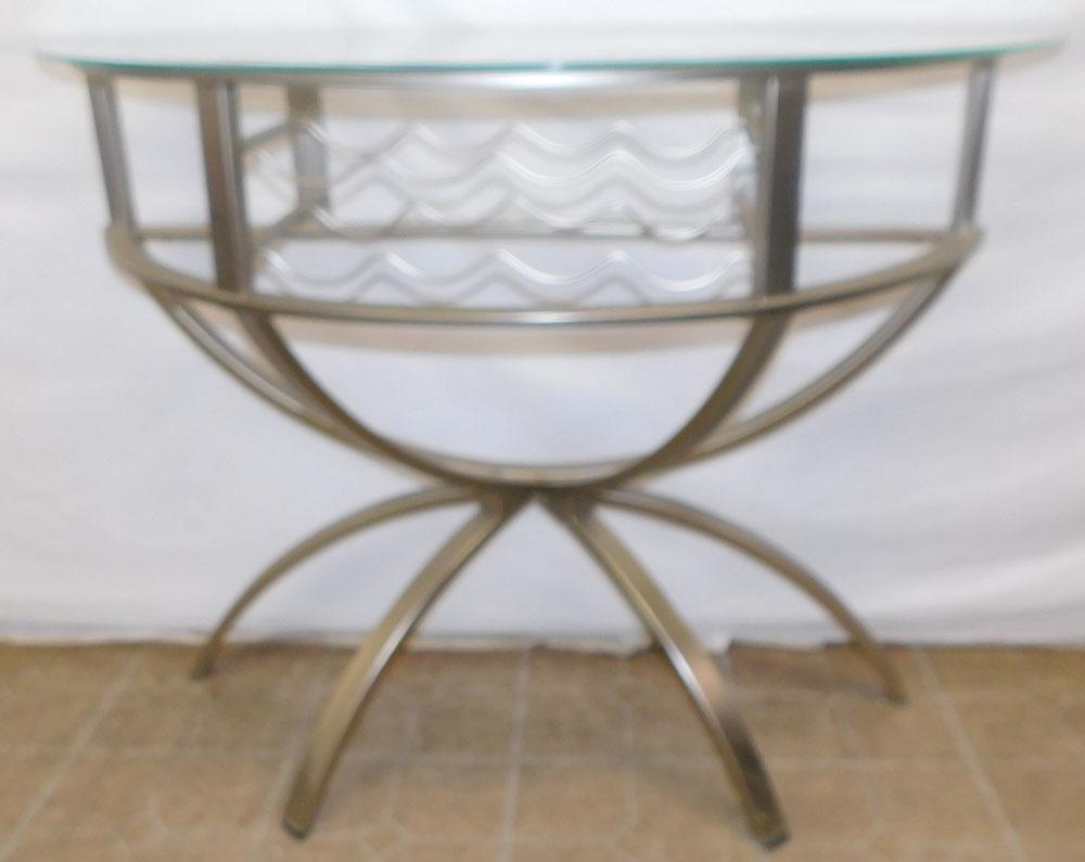 Modern Metal Glass Top Demilune Console: Modern Metal Glass Top Demilune Console. 48 1/4" H 18" D 35 1/4" H "ALL DESCRIPTIONS AND ANY CONDITION STATEMENT GIVEN BY LANGSTON AUCTION GALLERY ARE STRICTLY OPINIONS AND LANGSTON'S SHALL HAVE NO RE