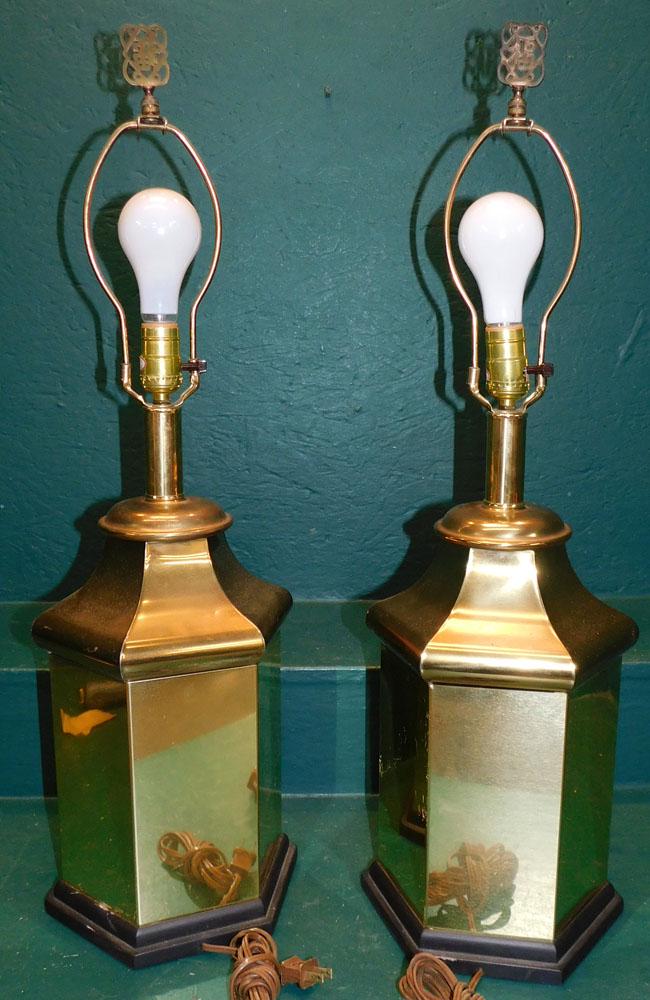 Pair Brass Canister Lamps: Pair Brass Canister Lamps. 30" H "ALL DESCRIPTIONS AND ANY CONDITION STATEMENT GIVEN BY LANGSTON AUCTION GALLERY ARE STRICTLY OPINIONS AND LANGSTON'S SHALL HAVE NO RESPONSIBILITY FOR ERRORS OR OMISSIO