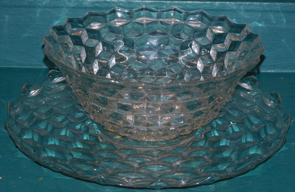 American Fostoria Punch Bowl with Matching Underplate: American Fostoria Punch Bowl with Matching Underplate. Up to 18 1/2" Dia. "ALL DESCRIPTIONS AND ANY CONDITION STATEMENT GIVEN BY LANGSTON AUCTION GALLERY ARE STRICTLY OPINIONS AND LANGSTON'S SHALL HAV