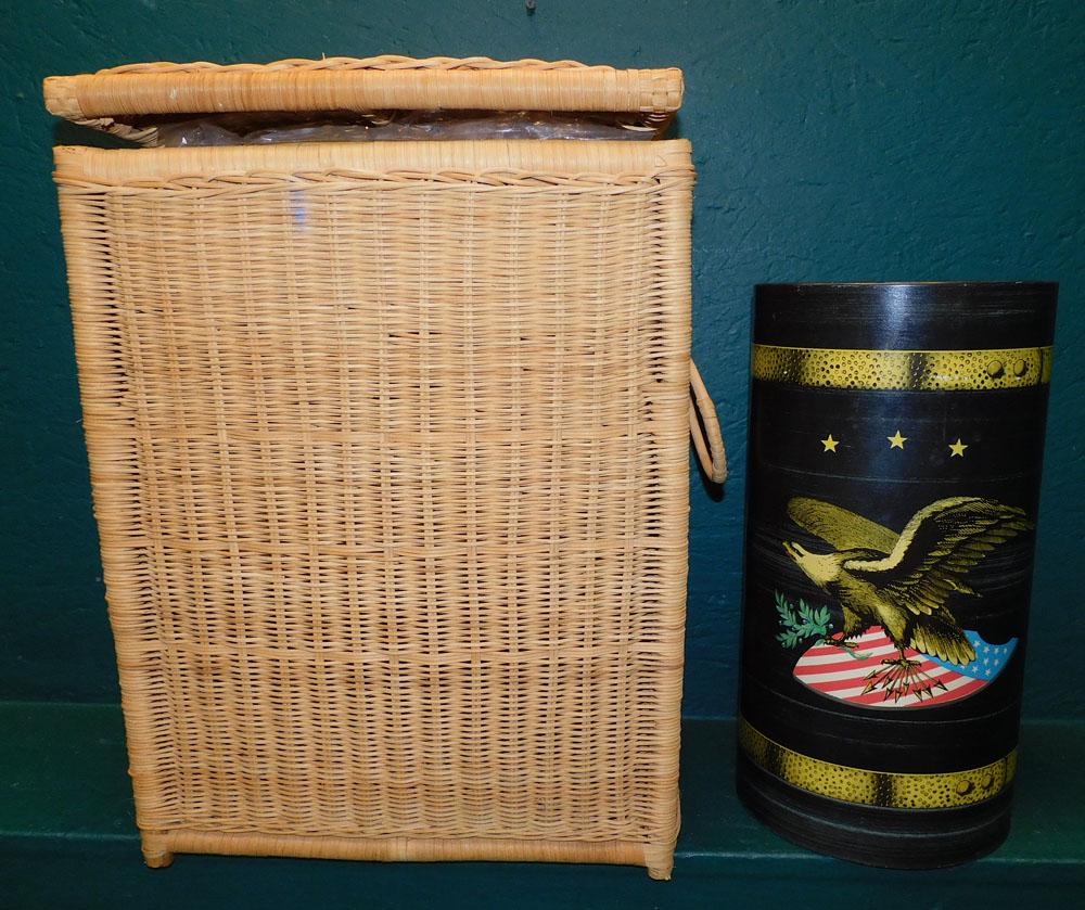 American Eagle Umbrella Stand, Wicker Hamper, & Bamboo Trays (1 of 3)