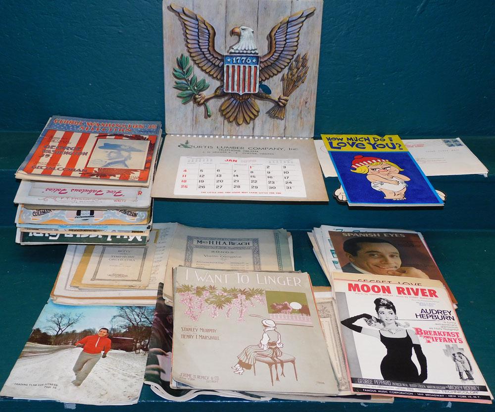 Lot of Vintage Piano Music, Advertising Calendar, & Vintage Card: Lot of Vintage Piano Music, Advertising Calendar, & Vintage Card. "ALL DESCRIPTIONS AND ANY CONDITION STATEMENT GIVEN BY LANGSTON AUCTION GALLERY ARE STRICTLY OPINIONS AND LANGSTON'S SHALL HAVE NO RES