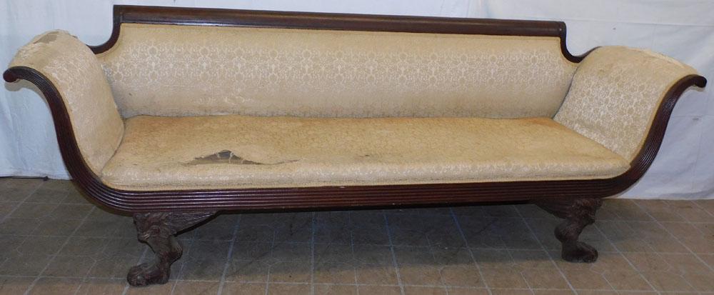 Antique Mahogany Carved Federal Sofa: Antique Mahogany Carved Federal Sofa. 93" W 27 1/2" D 33" H "ALL DESCRIPTIONS AND ANY CONDITION STATEMENT GIVEN BY LANGSTON AUCTION GALLERY ARE STRICTLY OPINIONS AND LANGSTON'S SHALL HAVE NO RESPONSIB