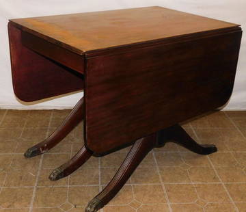 Mahogany Duncan Phyfe Drop Leaf Dining Table: Mahogany Duncan Phyfe Drop Leaf Dining Table. 38" W 25 1/4" D 29" H "ALL DESCRIPTIONS AND ANY CONDITION STATEMENT GIVEN BY LANGSTON AUCTION GALLERY ARE STRICTLY OPINIONS AND LANGSTON'S SHALL HAVE NO R