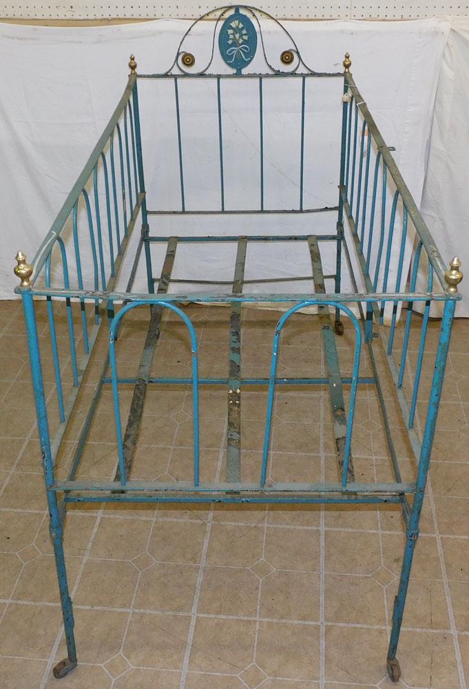 Antique Painted Wrought Iron & Brass Baby Crib: Antique Painted Wrought Iron & Brass Baby Crib. 58 1/2" W 28 1/2" D 45 1/2" H "ALL DESCRIPTIONS AND ANY CONDITION STATEMENT GIVEN BY LANGSTON AUCTION GALLERY ARE STRICTLY OPINIONS AND LANGSTON'S SHALL