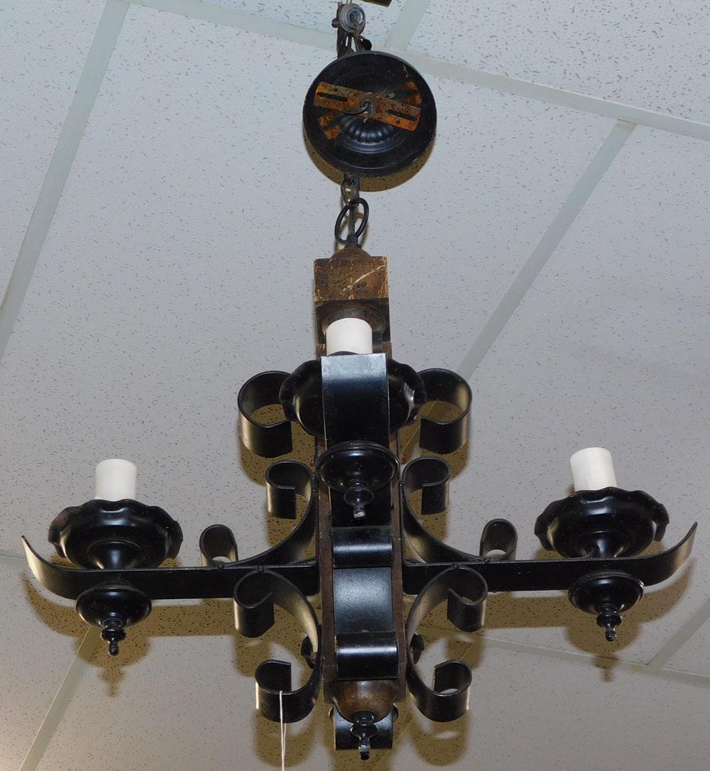 Wrought Iron & Wood 4 Light Chandelier: Wrought Iron & Wood 4 Light Chandelier. 21" H "ALL DESCRIPTIONS AND ANY CONDITION STATEMENT GIVEN BY LANGSTON AUCTION GALLERY ARE STRICTLY OPINIONS AND LANGSTON'S SHALL HAVE NO RESPONSIBILITY FOR ERRO